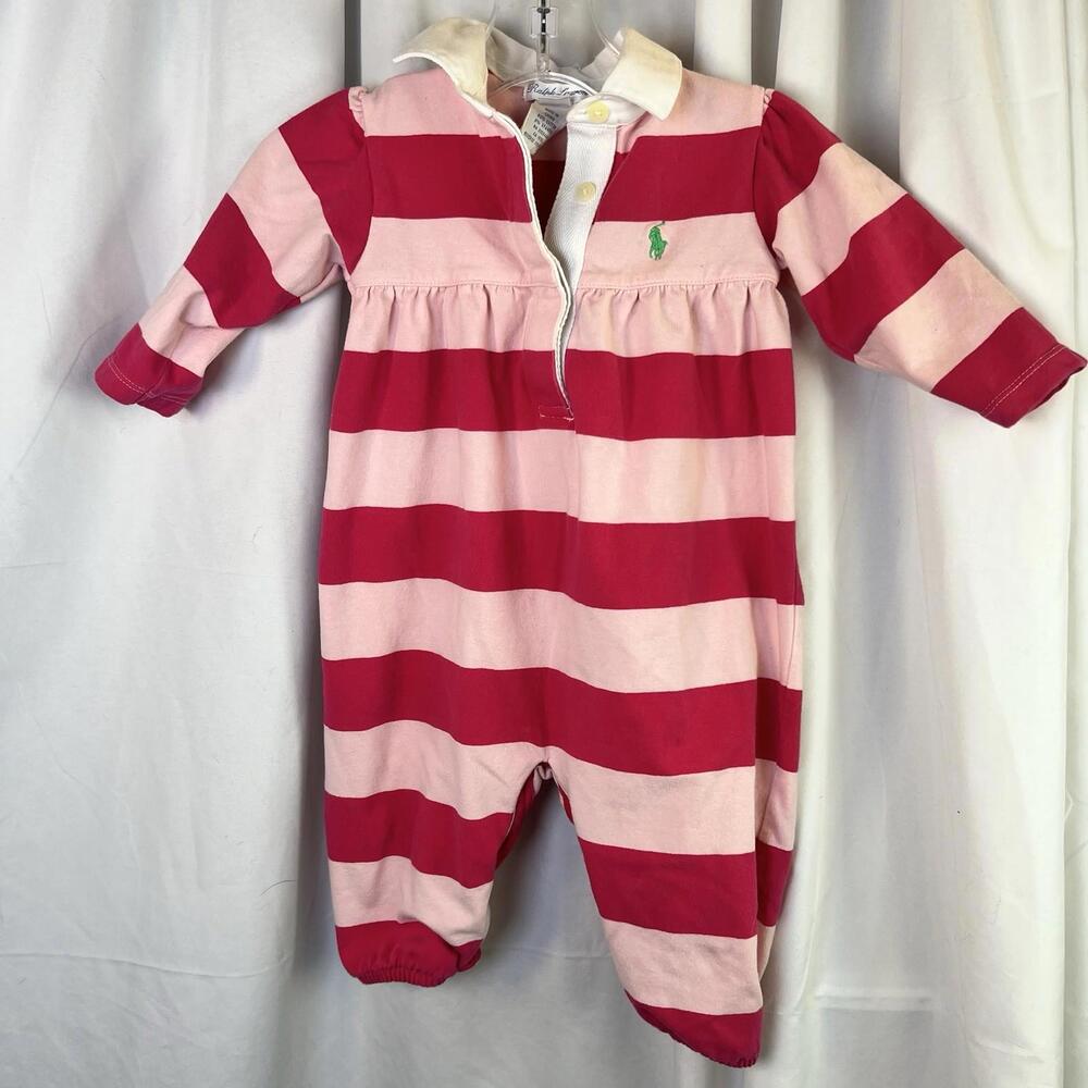 Ralph Lauren Pink And White Rugby One Piece Outfit 9 Months EUC